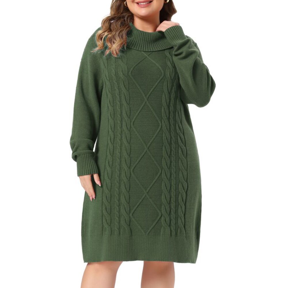 Women Plus Size Turtleneck Cable Knit Winter Sweater Dresses Army Green